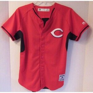 Majestic Cincinnati Reds Youth Red Black Baseball SS Button Jersey Size L 14/16